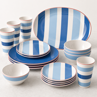 Service de vaisselle en mélamine écologique à rayures bleues et blanches – Gobelets, assiettes légères, vaisselle sans BPA, compatible lave-vaisselle