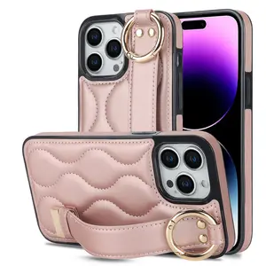 Capa de couro para celular com pulseira e linhas onduladas luxuosas, com suporte de anel PU para iPhone 15, capa para iPhone 11 12 13 14 15 Pro Max