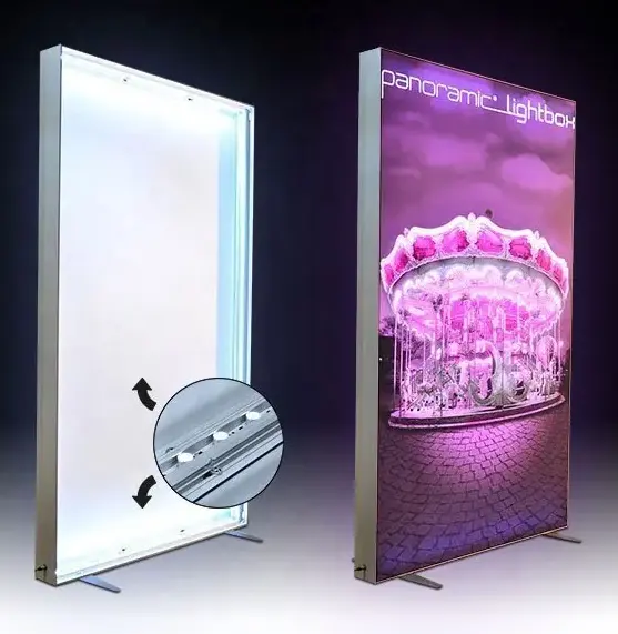 Premium bingkai aluminium LED spanduk lampu latar berdiri dua sisi SEG kain kotak cahaya tampilan untuk pameran Booth