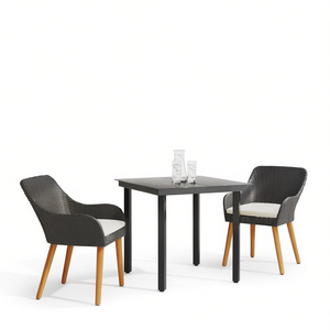 Set da Pranzo da Giardino in Polyrattan Nero con Cuscini, 2 Posti, Arredamento da Esterno Stile Contemporaneo con Gambe in Legno Massello - Product Image 1