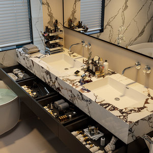 Mueble de <span class=keywords><strong>Baño</strong></span> de Estilo Hotel de Lujo, Combinación de Lavabo Doble de Cerámica sin Juntas con Losa de <span class=keywords><strong>Roca</strong></span>, Lavabo para Lavarse las Manos - Product Image 4