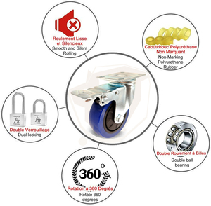 Roues de chariot industrielles robustes en PU de <span class=keywords><strong>3</strong></span>, 4 et 5 pouces avec noyau en plastique, pivotantes, en acier inoxydable, avec frein de blocage pour meubles - Product Image 2