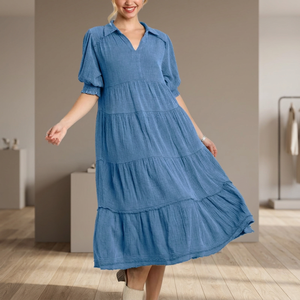 Vestido midi azul con volantes, mangas abullonadas y cuello polo, corte holgado, informal, de lino y algodón tejido para verano. - Product Image 4