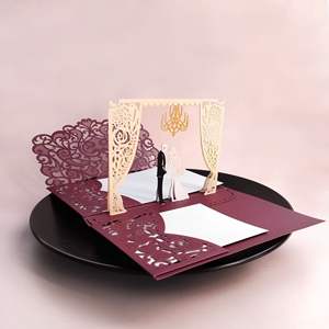 Nouveauté Cartes de mariage en feuille d'or rouge Invitations de luxe 3D <span class=keywords><strong>Pop</strong></span>-up Douche nuptiale Invitations de mariage Convites De Casamento - Product Image 2