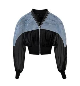 Vintage Unique Color Blocking Jean Jacket Patchwork Chiffon Zipper Crop Jacket Blue Black Denim Women'S Jackets