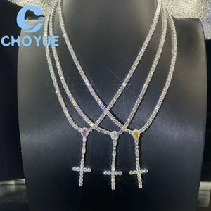 Fashion 925 Sterling <b>Silver</b> 3MM Color Oval Shape Moissanite Tennis Chain Cross Pendant <b>Necklace</b> Hip Hop <b>for</b> <b>Men</b> Women with GRA - Product Image 6