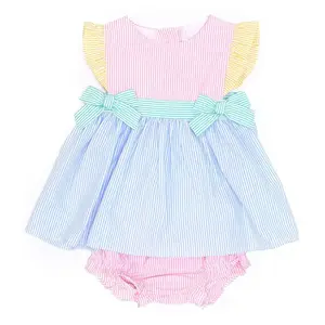 Wholesale Multicolor Stripe Seersucker Baby Girl Romper with Dress Summer Fly Sleeve Patchwork Toddler Bodysuit