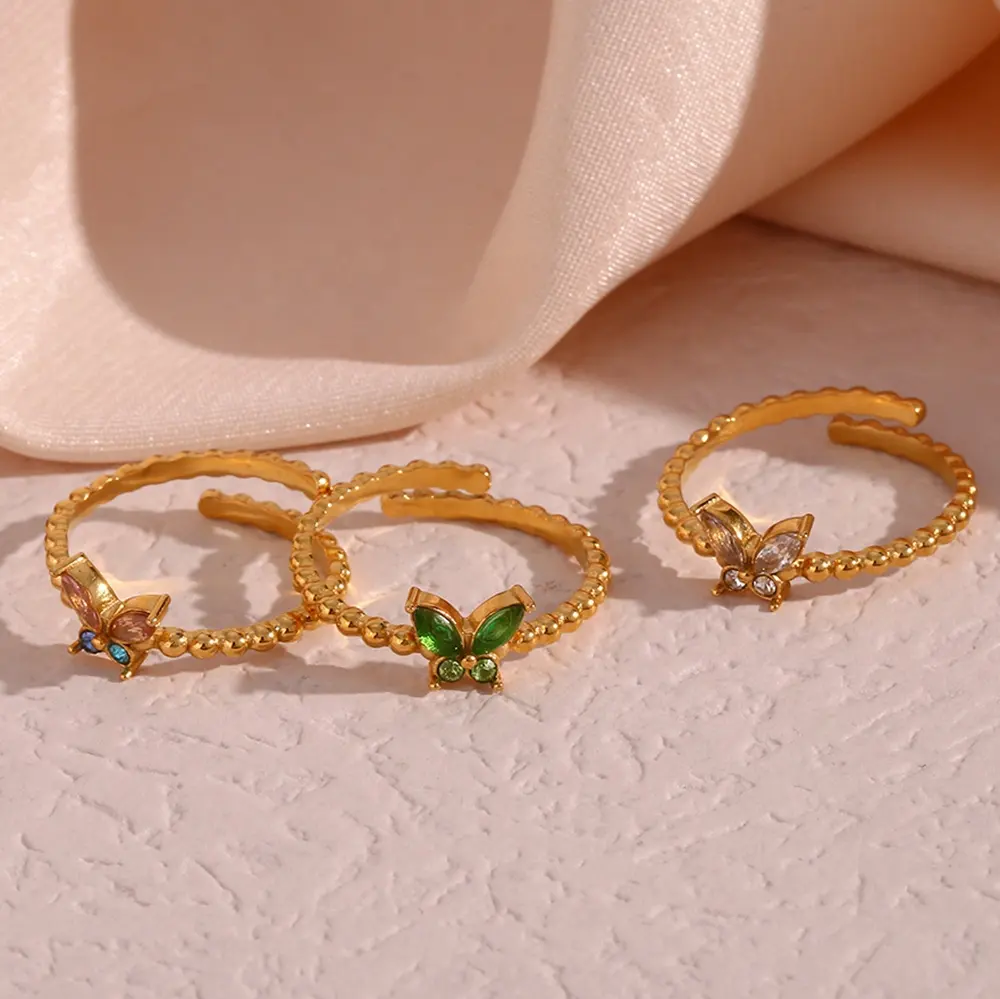 Anéis de borboleta banhados a ouro 18k, joias ajustáveis de aço inoxidável banhado a ouro, para mulheres