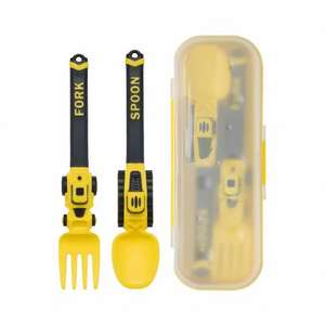 Juego de cubiertos infantiles con diseño divertido, juego de 2 piezas de cuchara y tenedor con forma de vehículo de construcción, con almacenamiento - Product Image 4