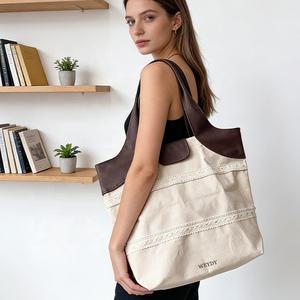 Weydy 批发女士优雅可扩展单肩包可定制棉帆布手提包带蕾丝边和皮革手柄 - Product Image 3