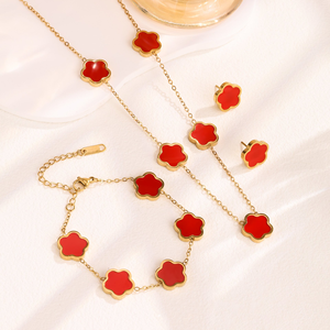 סט תכשיטים 2026 אופנה חדשה, צמיד, עגילים ושרשרת מפלדת אל-חלד בצורת פרח, 3 יחידות/סט, תלתן בעל חמישה עלים צבעוני, מצופה זהב 18 קראט, לנשים - Product Image 4