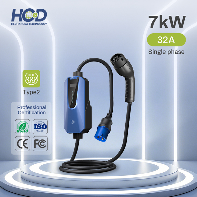 HCD New 7kW 32A Smart Portable EV Charger Type2 APP Control Level 2 Home Wall-Mounted with IP65 Protection and LCD Display