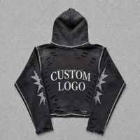 Sweat-shirt à capuche noir personnalisé pour homme avec détails déchirés et applique métallique sur la manche, style streetwear, OEM ODM