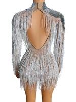 Robes Courtes Sexy à Manches Longues avec Paillettes Argentées et Franges, Robes de Soirée Courtes Moulantes pour Femmes, Robes Mini pour Anniversaire, Soirée en Club, Tenue de Scène