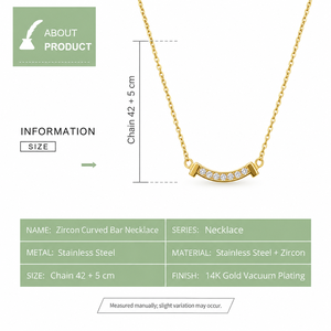 Collier à barre incurvée en zircon, acier inoxydable, plaqué or 14 carats, chaîne réglable 42 + 5 cm - Product Image 4
