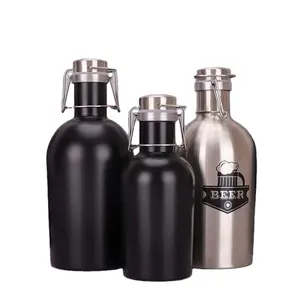 Logo Kustom 32 Oz 64 Oz Dinding Ganda Terisolasi Vakum Stainless Steel Bir Hitam Growler dengan Tutup Ayunan