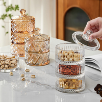 Vente en gros de pots à bonbons en verre cristal 3 pièces, boîte de rangement multi-couches en verre transparent pour noix et fruits secs, pour la décoration de la maison