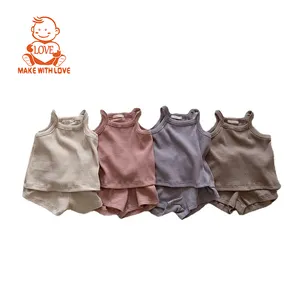 BEIBEIHAPPY New Arrival Baby Infant Girl Waffle Cotton Solid Color Sleeveless Vest Shirt And Shorts Suit 2 Pcs Set