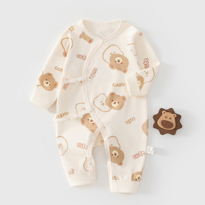 Combinaison pour bébé en coton pur sans couture unisexe printemps automne, imprimé ours mignon, vêtements pour nourrissons - Product Image 1