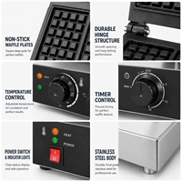 Máquina de Waffles Comercial, 220V, Eléctrica, de Acero Inoxidable, Antiadherente, con Control de Tiempo, para Cafetería y Panadería