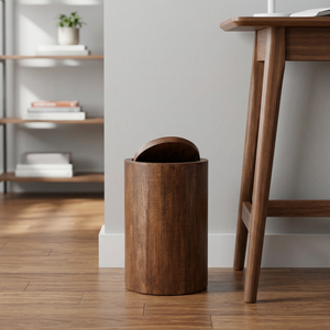 Poubelle en bois artisanale |   Design moderne du milieu du siècle |   Écologique et durable |   Boîte de rangement à couvercle battant en noyer brun |   Forme de fleur | - Product Image 3