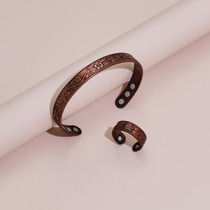 Plum Blossom Magnetic Vintage Flower Ring And <b>Bracelet</b> <b>Set</b> Adjustable Unisex Copper Alloy Jewelry Gift Bronze Color - Product Image 1