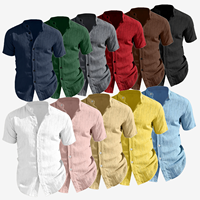 Kemeja Kasual Pria Lengan Pendek Bahan 95% Poliester 5% Spandex dengan Kerah Band dan Kancing Depan Penuh untuk Liburan Akhir Pekan