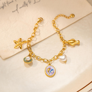 Nouveau bracelet en or plaqué 18 carats avec perle de dauphin pour femmes, bracelet multi-breloques en acier inoxydable, merveilles de l'océan - Product Image 3