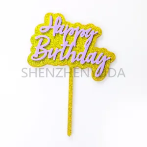 Happy Birthday Purple Gold Glitter Double Layered Acrylic Cake Topper Lucite Dual Layers Cake Toppers to Birthday Decorations