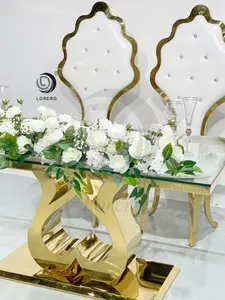 Móveis do hotel novo design de vidro top ouro aço inoxidável banquete mesa de casamento