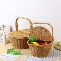 Moderne minimalistische geweven PP handtas picknickmand met deksel voor buitenopslag fruit & groente draagtas
