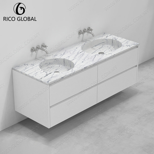 Meuble-lavabo mural moderne avec plateau en marbre, vasque en céramique, design rectangulaire minimaliste de 60 pouces, tiroirs à fermeture douce - Product Image 2