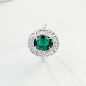 Factory Price 925 <b>Silver</b> Lab Created <b>Emerald</b> <b>Ring</b> Double Halo Paved Stone Bridal Statement <b>Ring</b> K - Product Image 1