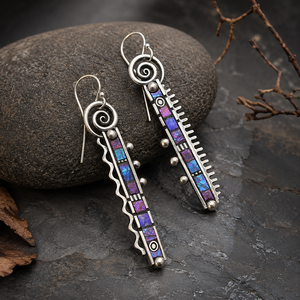Orecchini Pendenti Lunghi Vintage con Motivo Arcobaleno Astratto, Orecchini a Goccia Zigzag Blu e Viola per Donne - Product Image 3