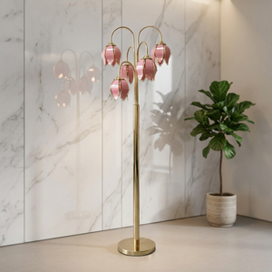 Lámpara de Pie Decorativa de Flor de Loto Rosa de 5 Luces en Oro Pulido con Pantalla de Vidrio Teñido Hecha a Mano para Interiores del Hogar - Product Image 4