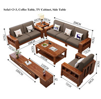 Ensemble de canapés en bois massif noyer soyeux doré, mobilier compact pour salon, idéal petit appartement, utilisation toutes saisons, canapé d'angle avec méridienne
