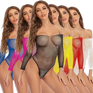 2024 Durchsichtige Versuchung Körperanzug durchsichtig Netzwerk Damen heiß transparent glänzend Pailletten Fischnetz Damen Strass sexy Dessous