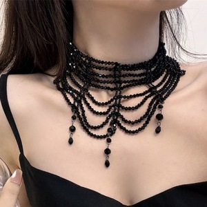 Collier chic de style coréen, sombre et élégant, avec des pampilles en cristal tissé multicouches, douces et uniques, parfait pour - Product Image 3