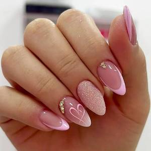 <span class=keywords><strong>Faux</strong></span> ongles de style français <span class=keywords><strong>rose</strong></span> <span class=keywords><strong>clair</strong></span>, mi-longs, tête carrée, motif cœur, ongles à presser - Product Image 4