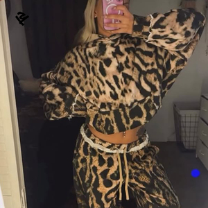 Women Leopard Print Oversized Hoodie Set Two Piece Lounge Tracksuit Wide Leg Pants Casual Y2K Streetwear Trend 2026 <strong>Clothing</strong> - Product Image 2