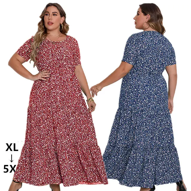 Abito da donna con stampa Boho Casual da donna con gonna lunga piccola abito da spiaggia girocollo a manica corta