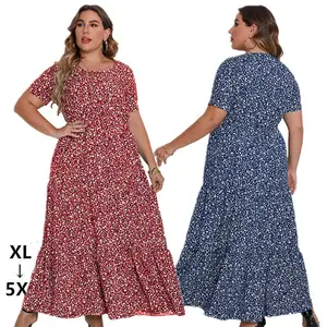 Vestido de rocío con estampado bohemio informal de talla grande para mujer, falda larga pequeña, manga corta, cuello redondo, Vestido de playa