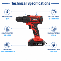 Kit de perceuse sans fil 21V, 2 batteries, moteur en cuivre pur, 25N.M, ensemble d'outils électriques avec coffret pour réparation à domicile, bricolage, vente en gros OEM
