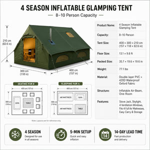 Tente de glamping gonflable de luxe pour 6 à 10 personnes, imperméable, tissu Oxford 420D, 4 saisons, avec cheminée et lucarne - Product Image 4