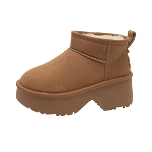 Bottes de neige à talons hauts pour femmes, nouvelle collection hiver, semelle épaisse, dessus en cuir véritable, PU, imperméables, chaudes, en coton, chaussures d'extérieur pour femmes - Product Image 1