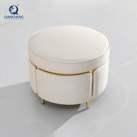 QIANCHENG Repose-pieds Ottoman en Velours Blanc, Petit Pouf Rond en Acier Inoxydable, Banc Rembourré