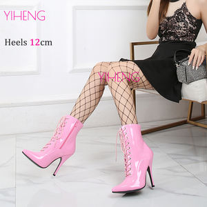Croisé rose bout pointu bottines 12cm Sexy fétiche décapant chaussures en cuir verni ZIP bottes courtes femmes talons grande taille 46 - Product Image 2