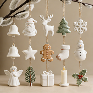 Décoration <span class=keywords><strong>de</strong></span> Noël en porcelaine avec cordon doré, motif flocon <span class=keywords><strong>de</strong></span> neige, étoile et lune, design hivernal, couleur crème - Product Image 6