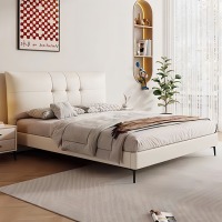 Letto Moderno di Lusso Bianco Crema, Struttura Minimalista Italiana con Testiera Trapuntata Quadrata, Imbottito, Misura King o Queen, Letto a Piattaforma