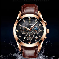 Montre Sport Homme à Quartz, Boîtier en Acier Inoxydable, Aiguilles Lumineuses, Calendrier, Étanche - Bracelet en Cuir Véritable Noir Marron - Vente Flash Usine